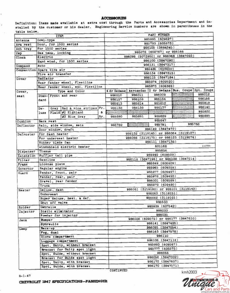 1947 Chevrolet Specifications Page 15